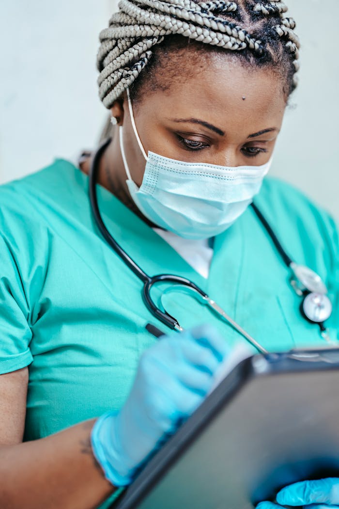 Home Nurse with mask and gloves reviewing documents on clipboard in a clinic setting.