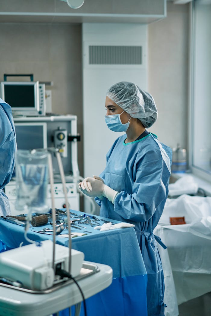 Home Surgeon wearing personal protective equipment arranging medical tools in a sterile operating room.